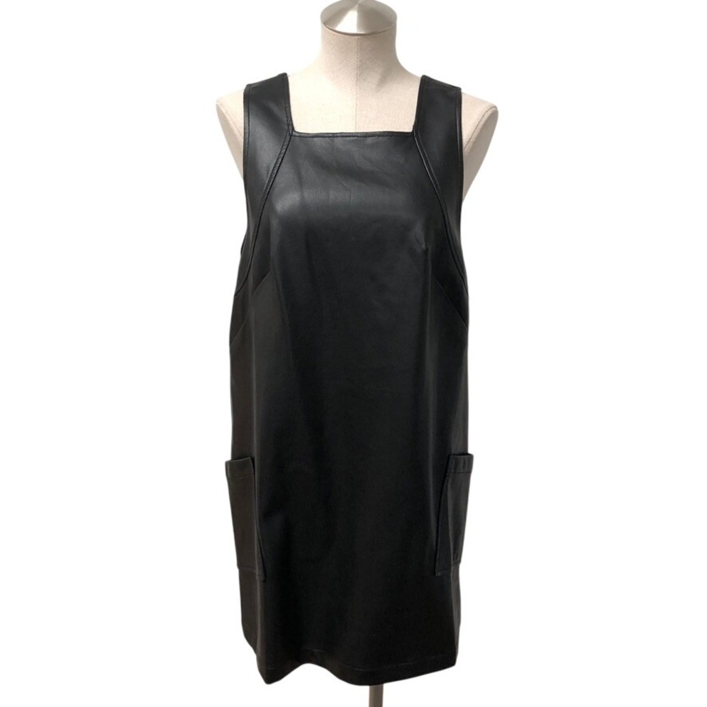 Maeve Jumper Dress Womens Black Faux Leather Mini Shift Pockets Dark Academia